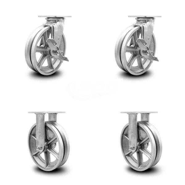 8 Inch V Groove Semi Steel Caster Set with Ball Bearings 2 Brakes 2 Rigid SCC